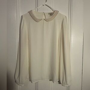 LOFT Sheer White Blouse with Pearl Collar